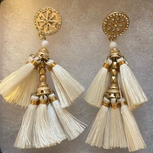 Elegant Gold and Cream Tassel Earrings